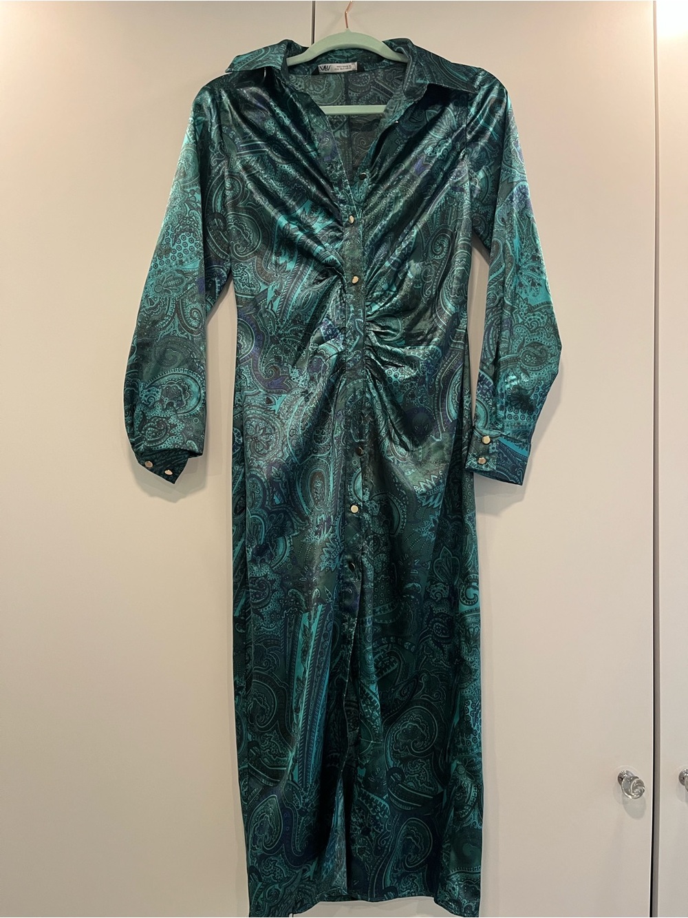 Zara Teal and Brown Paisley Satin Dress